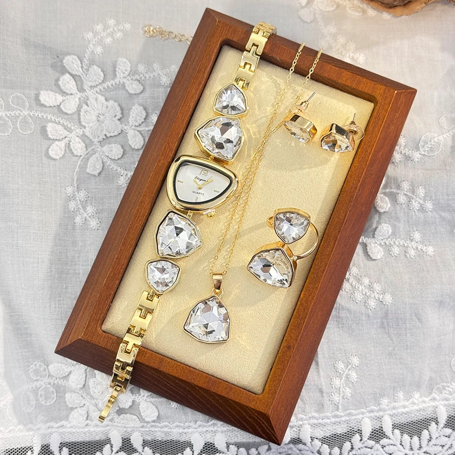 4-Piece Colourful Crystal Watch & Jewellery Set | Irregular Shape Quartz Watch, Necklace, Ring & Earrings