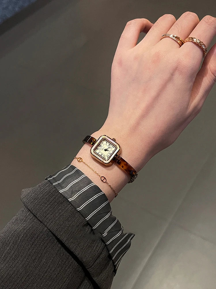Vintage Square Amber-Tone Watch | 22mm Roman Numeral Stainless Steel Bracelet