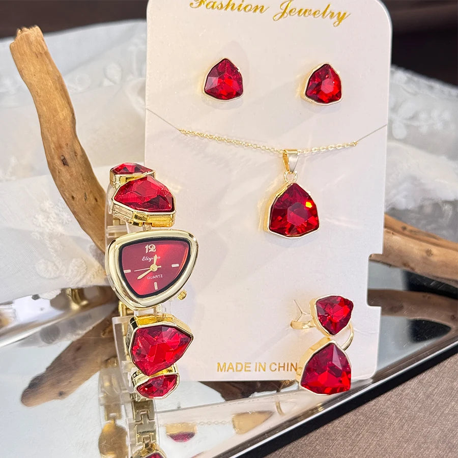 4-Piece Colourful Crystal Watch & Jewellery Set | Irregular Shape Quartz Watch, Necklace, Ring & Earrings