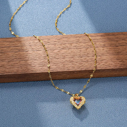 Colourful Crystal Heart Pendant Necklace | 18K Gold-Plated 316L Stainless Steel