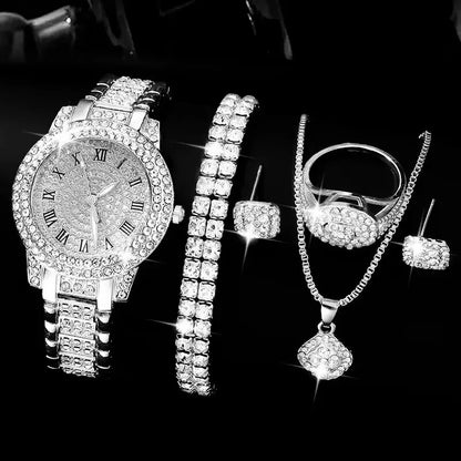 6-Piece Roman Numeral Watch & Rhinestone Jewellery Set | 32mm Quartz Watch, Necklace, Bracelet, Ring & Earrings