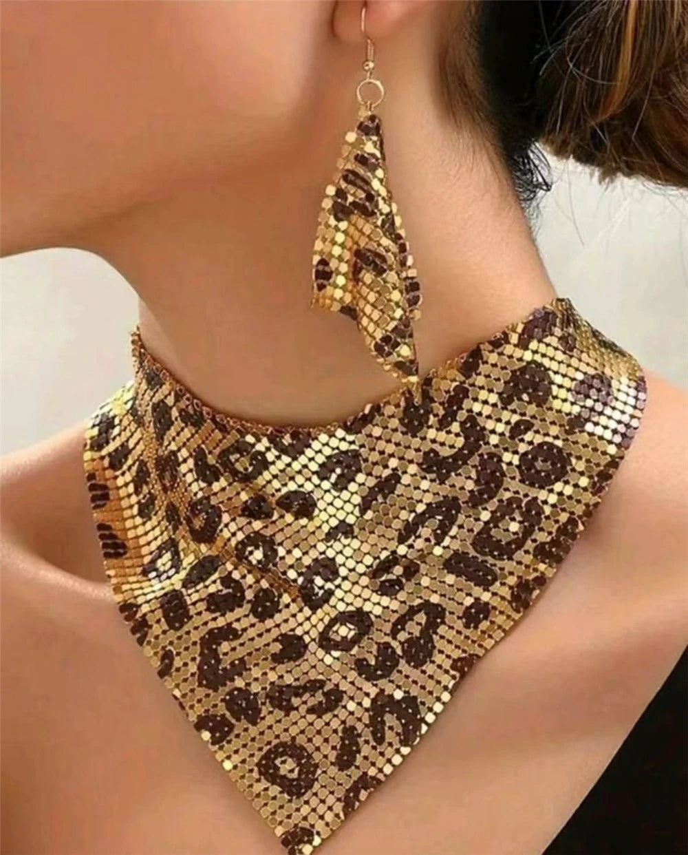 Leopard Print Faux-Leather Bib Necklace & Dangle Earrings Set