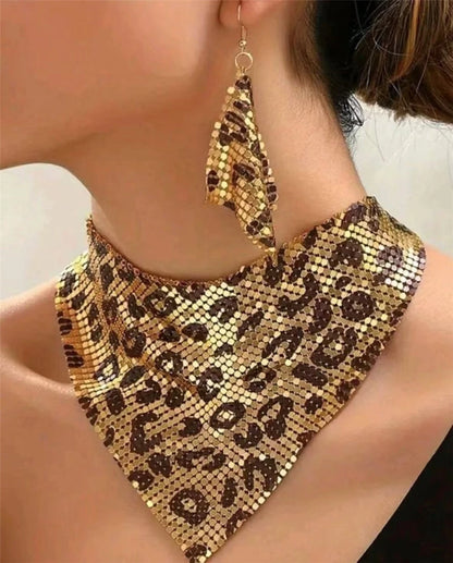 Leopard Print Faux-Leather Bib Necklace & Dangle Earrings Set