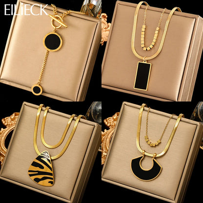 2-Layer Tiger Stripe Pendant Necklace | Waterproof 316L Stainless Steel, Round & Square Pendants