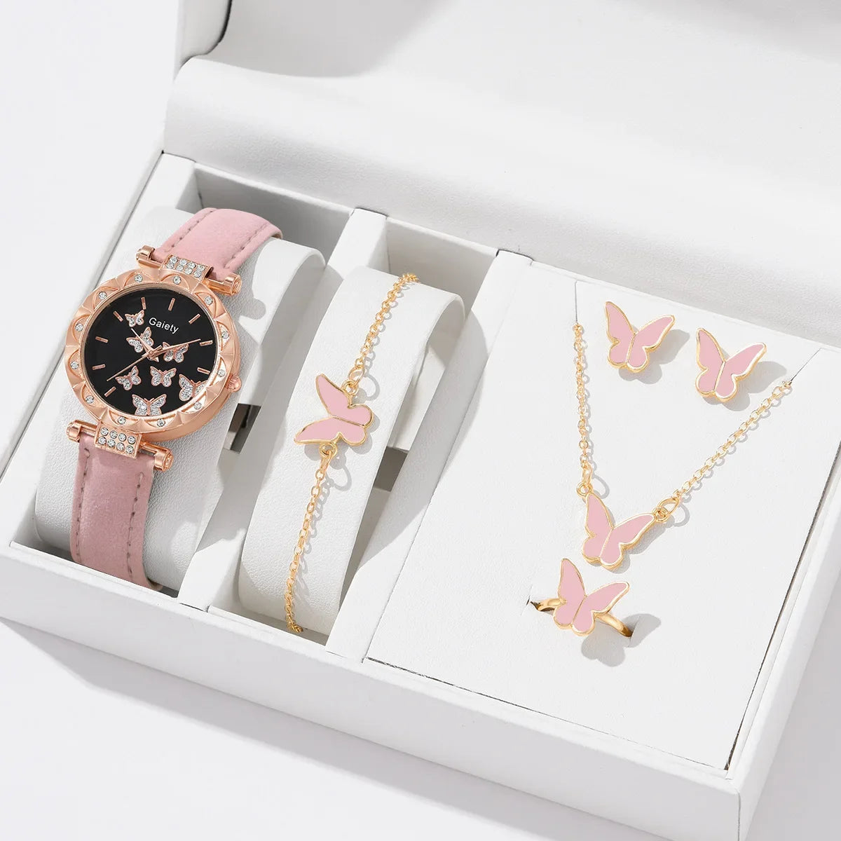 6-Piece Butterfly Watch & Jewellery Set | 33mm Numberless Dial, PU Leather Strap, Necklace, Bracelet, Ring & Earrings