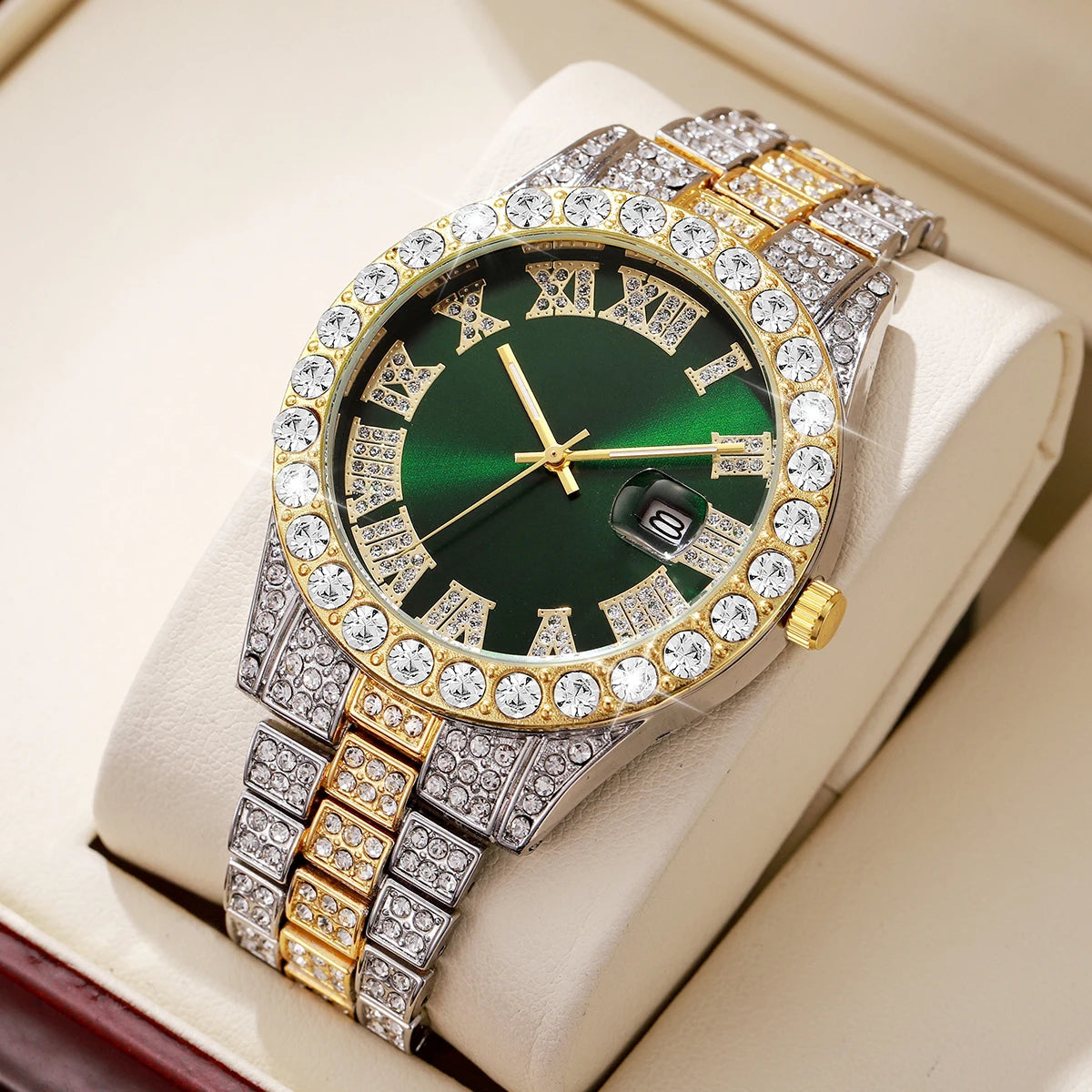 Iced-Out Elite Calendar Watch | Luxury Full Diamond Stainless Steel Wristwatch