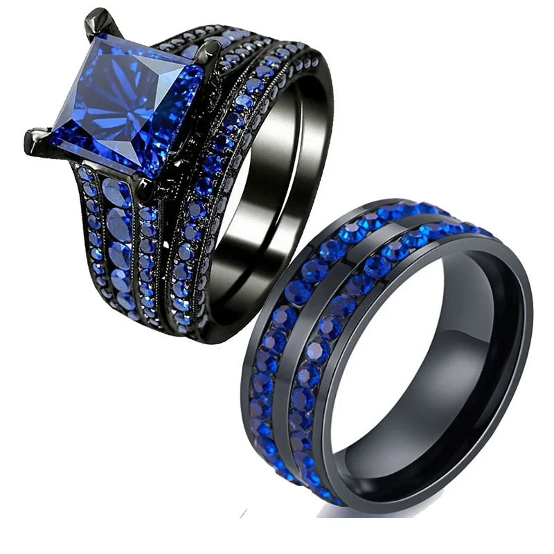 Matching Couple Rings | Black Stainless Steel & Blue Cubic Zirconia Bands