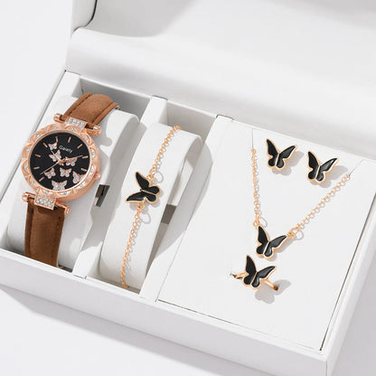 6-Piece Butterfly Watch & Jewellery Set | 33mm Numberless Dial, PU Leather Strap, Necklace, Bracelet, Ring & Earrings