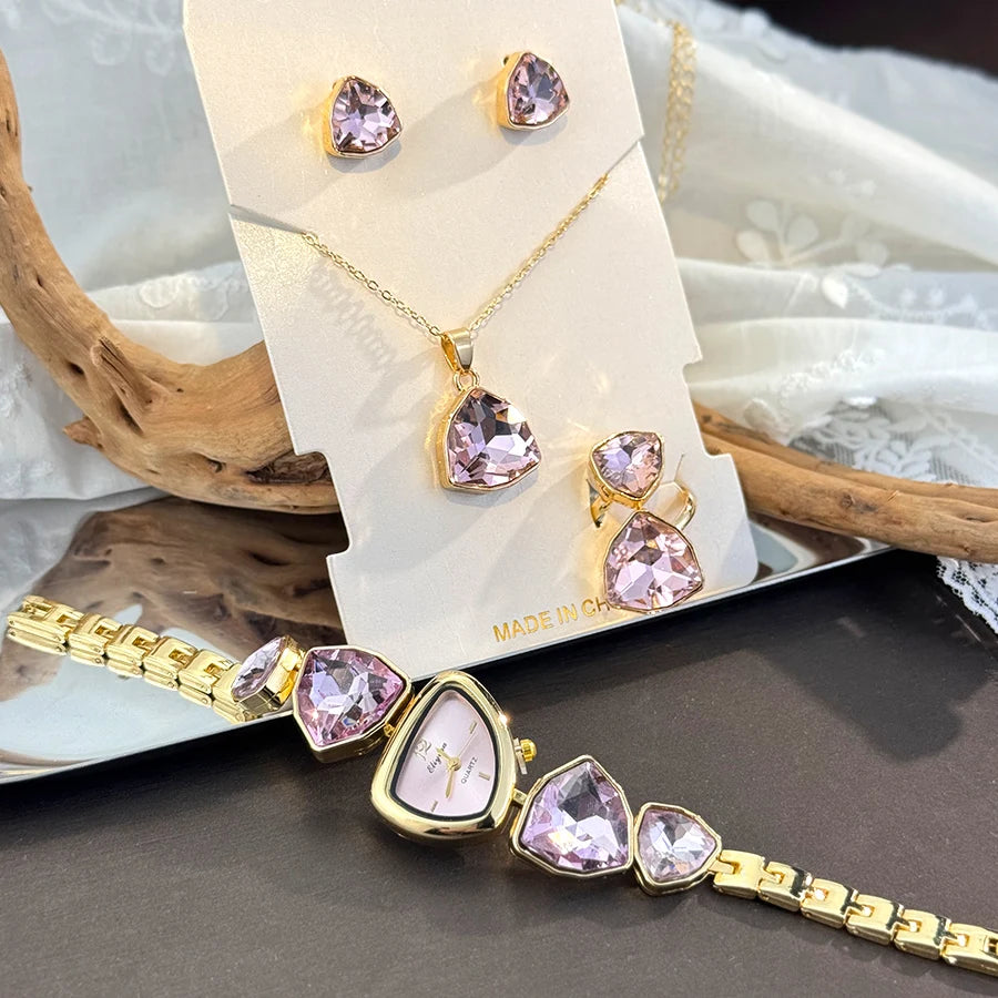 4-Piece Colourful Crystal Watch & Jewellery Set | Irregular Shape Quartz Watch, Necklace, Ring & Earrings