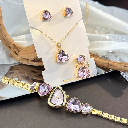 4-Piece Colourful Crystal Watch & Jewellery Set | Irregular Shape Quartz Watch, Necklace, Ring & Earrings
