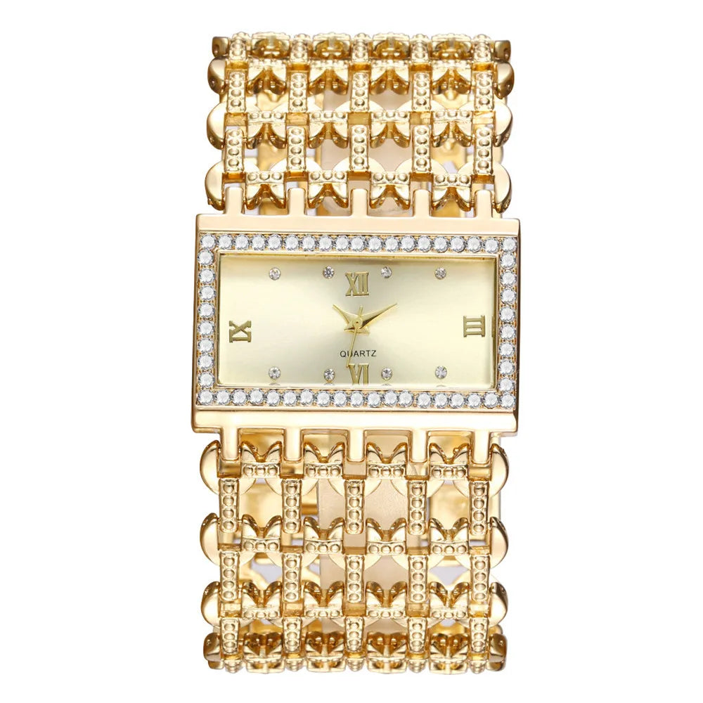 Gold-Tone Skeleton Cuff Watch | 35mm Wide Openwork Bangle with Square Rhinestone Dial