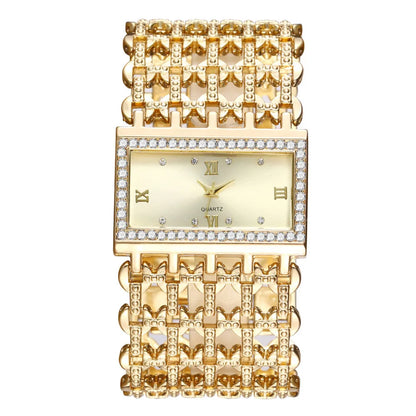 Gold-Tone Skeleton Cuff Watch | 35mm Wide Openwork Bangle with Square Rhinestone Dial