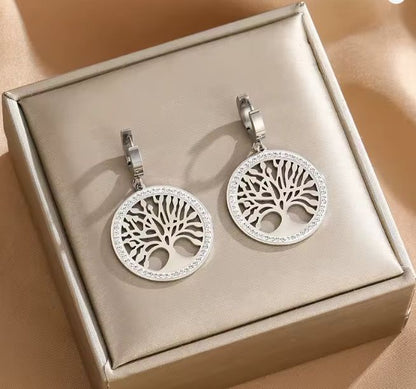 Tree of Life Pendant Necklace & Zircon Earrings Set | 316L Stainless Steel, 5mm Chain, 40cm+5cm