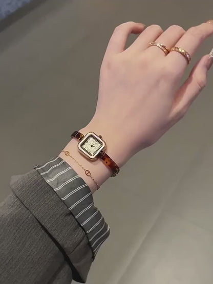 Vintage Square Amber-Tone Watch | 22mm Roman Numeral Stainless Steel Bracelet