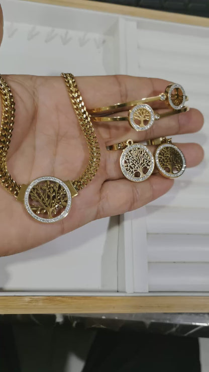 Tree of Life Pendant Necklace & Zircon Earrings Set | 316L Stainless Steel, 5mm Chain, 40cm+5cm
