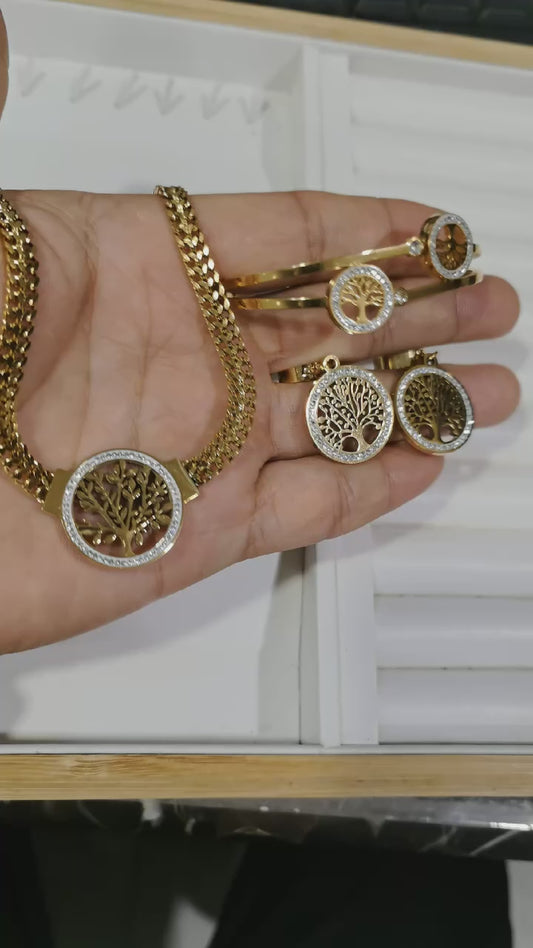 Tree of Life Pendant Necklace & Zircon Earrings Set | 316L Stainless Steel, 5mm Chain, 40cm+5cm