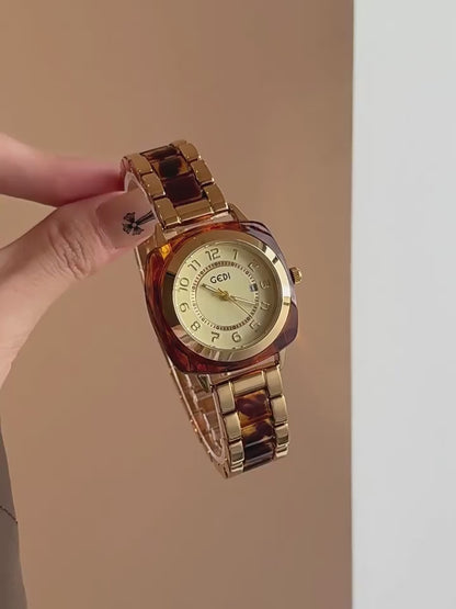 Square Amber Dial Watch | Stainless Steel Bracelet with Date Calendar & Arabic Numerals