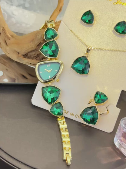 4-Piece Colourful Crystal Watch & Jewellery Set | Irregular Shape Quartz Watch, Necklace, Ring & Earrings